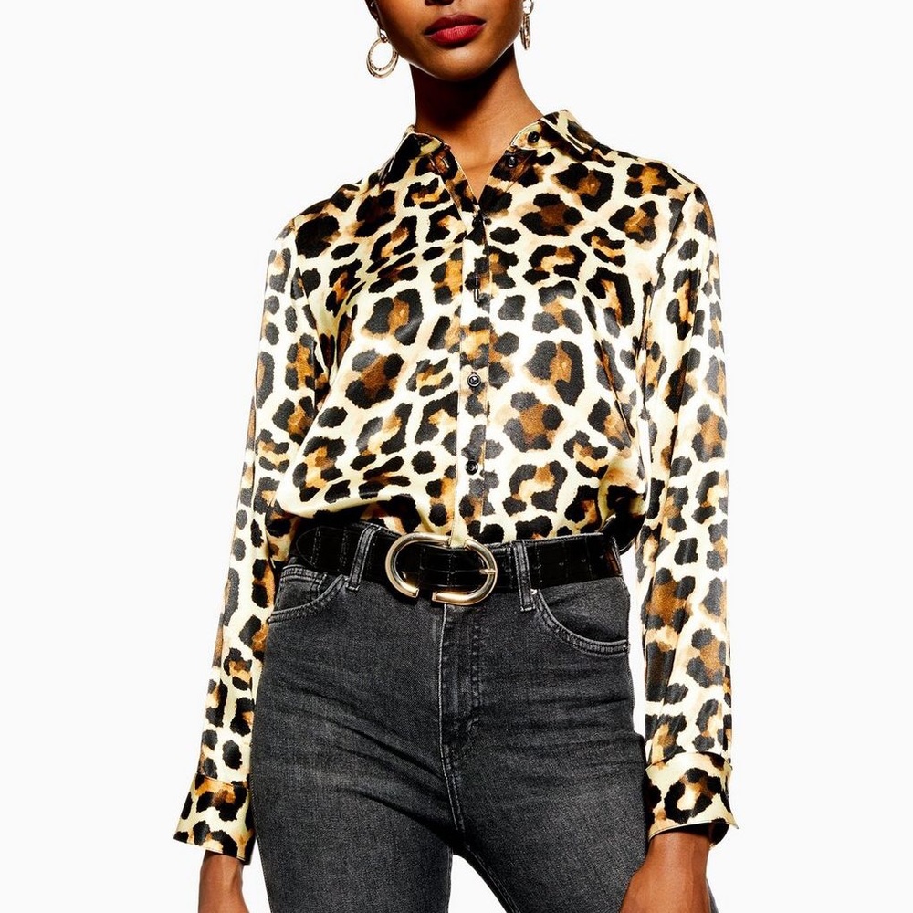 Topshop Silky Leopard Print Button Down Blouse